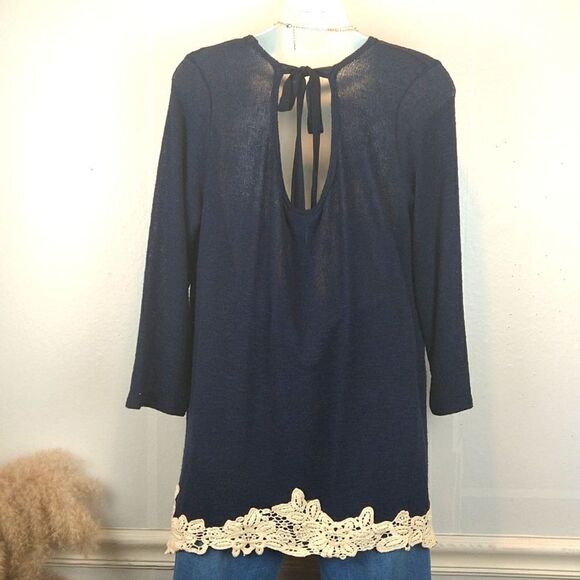 Charming Charlie knit blue long sleeve sweater with crochet and keyhole back Y2K - Picture 4 of 9